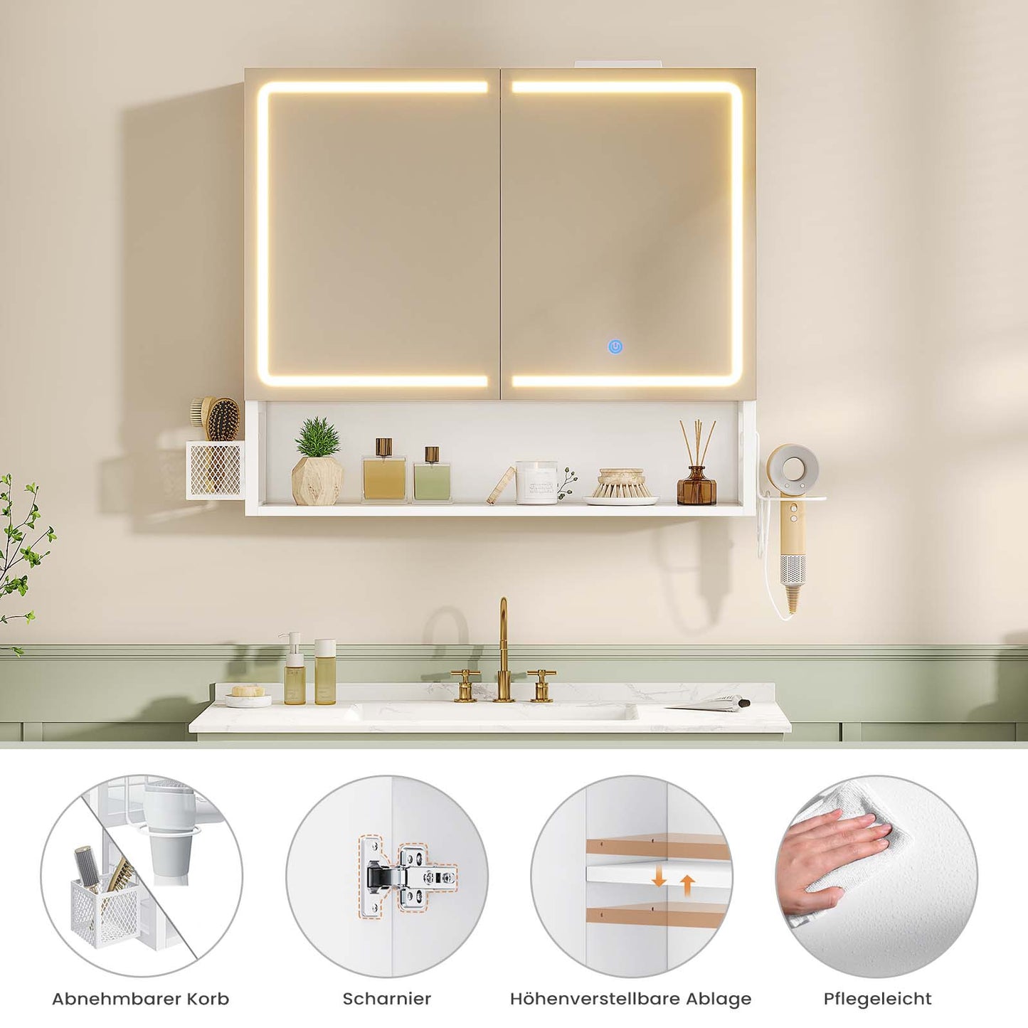 AOGLLATI Spiegelschrank Bad mit LED-Beleuchtung & Steckdose 70x16x60cm Badezimmer spiegelschrank mit Verstellbarer Ablage HD-Spiegel