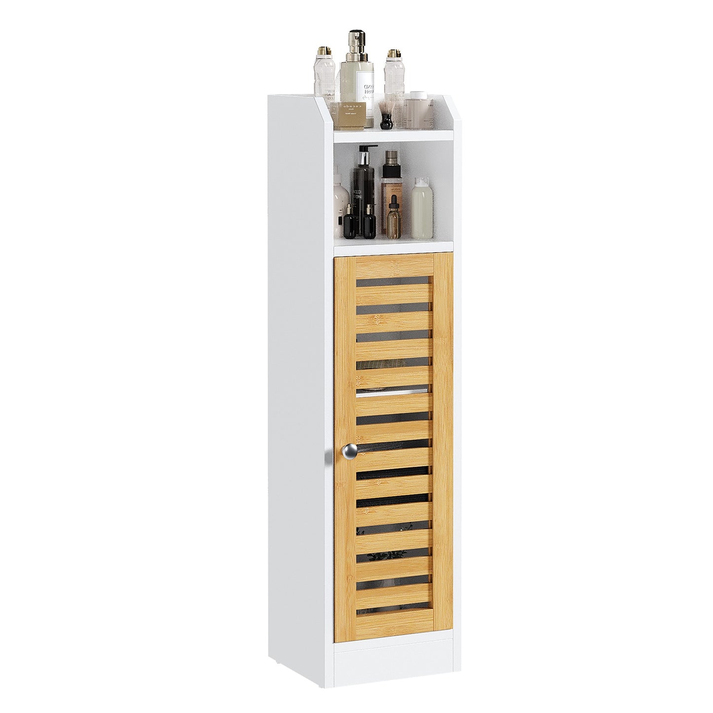 AOGLLATI Badezimmerschrank Toilettenschrank mit 2 offenen Fächern & Verstellbare Ablagen Badschrank schmal mit Bambustür Badregal