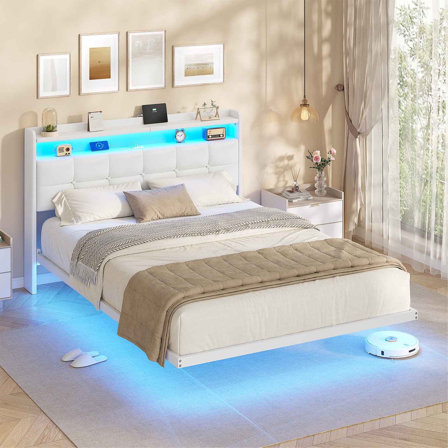 AOGLLATI Polsterbett 140x200 cm Bett mit LED-Beleuchtung und Ladestation Bettgestell mit Kopfteil Doppelbettgestell Schwebebettrahmen