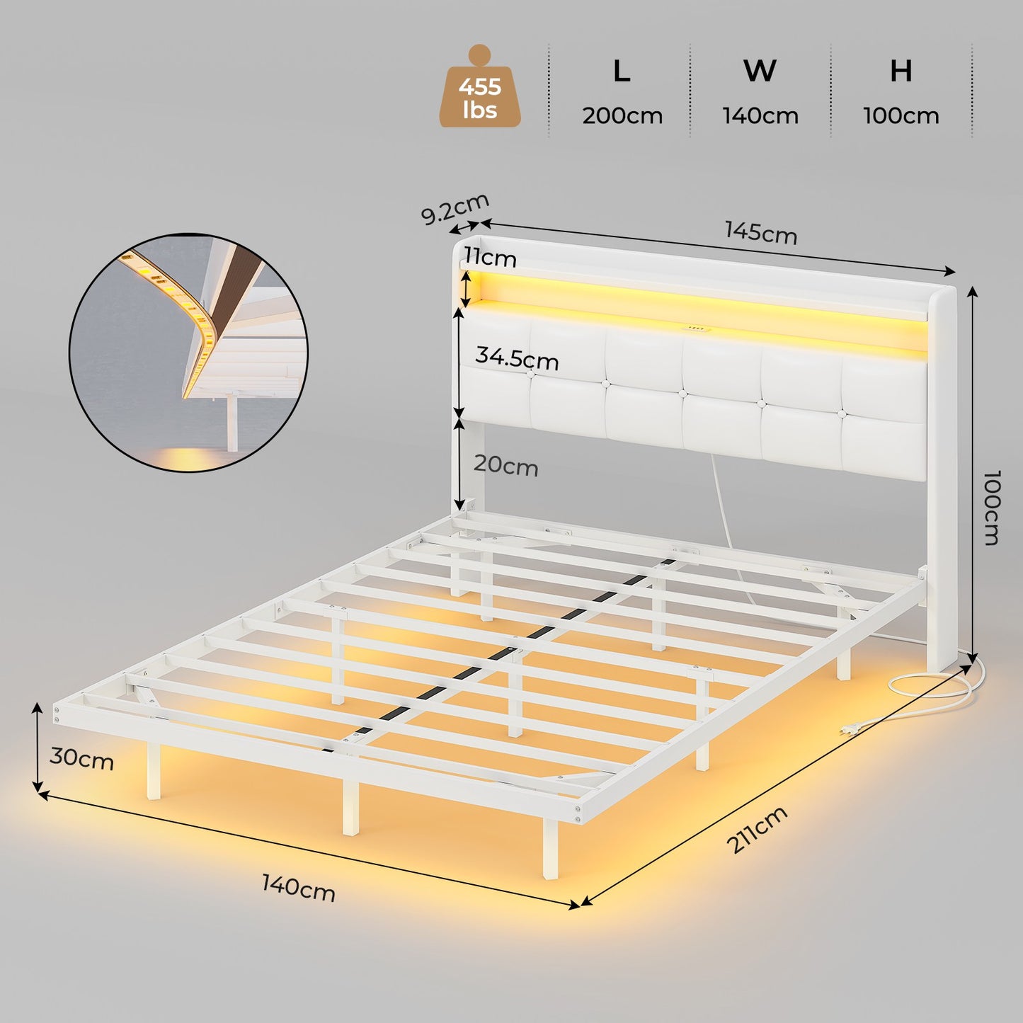 AOGLLATI Polsterbett 140x200 cm Bett mit LED-Beleuchtung und Ladestation Bettgestell mit Kopfteil Doppelbettgestell Schwebebettrahmen