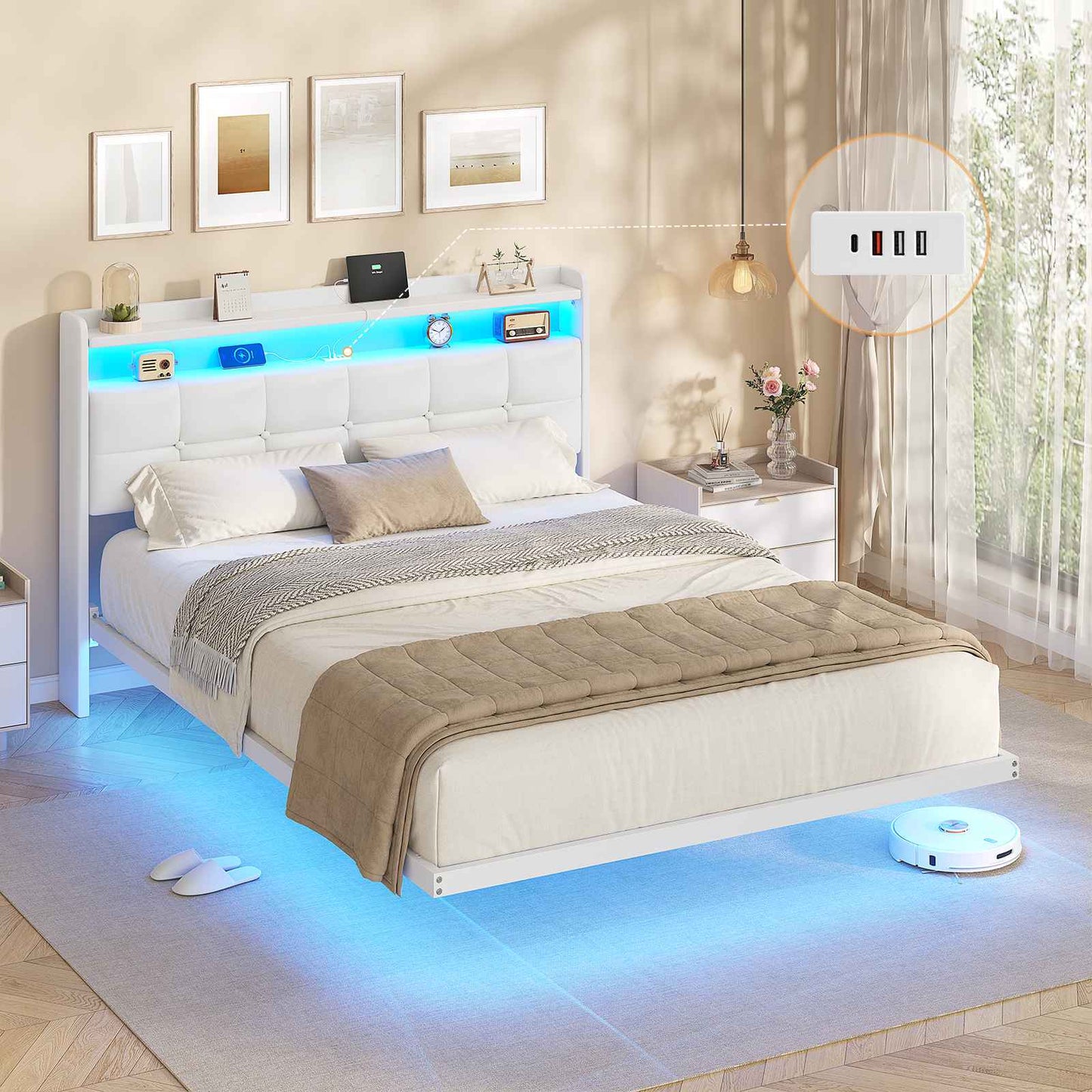 AOGLLATI Polsterbett 140x200 cm Bett mit LED-Beleuchtung und Ladestation Bettgestell mit Kopfteil Doppelbettgestell Schwebebettrahmen