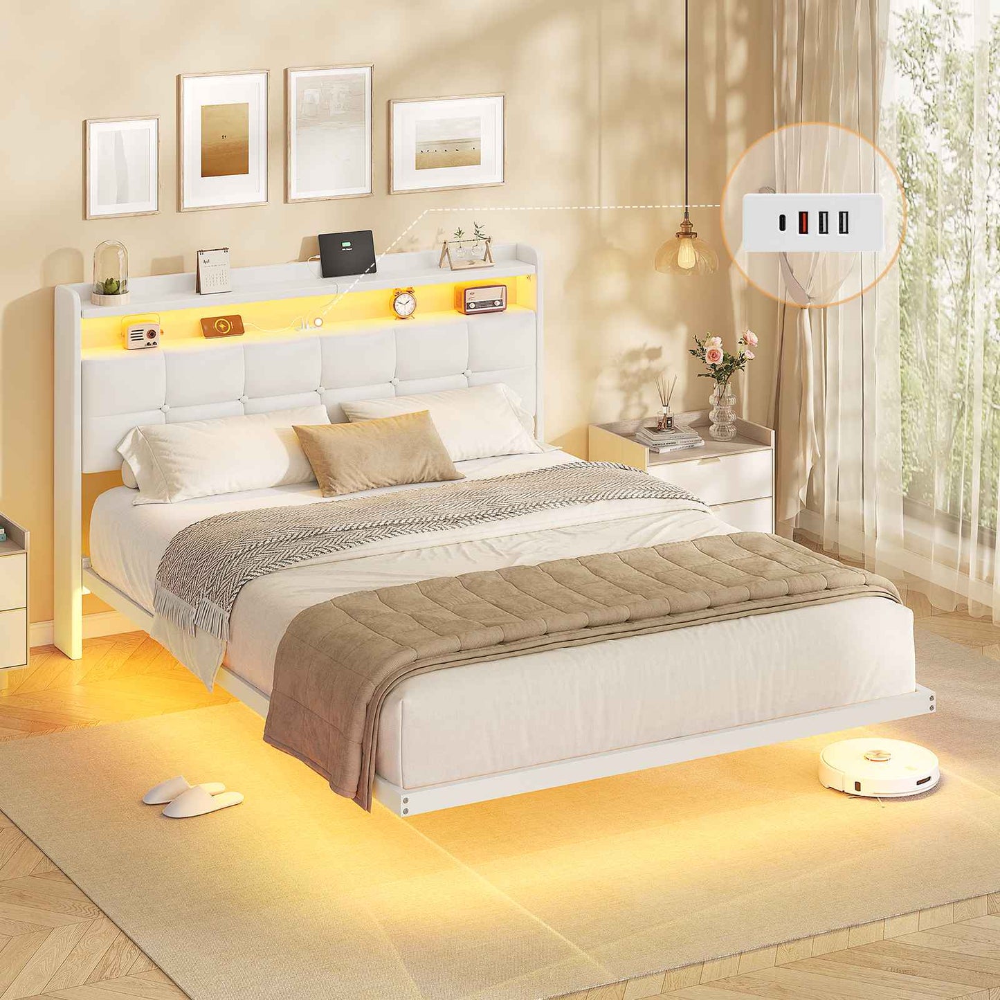 AOGLLATI Polsterbett 140x200 cm Bett mit LED-Beleuchtung und Ladestation Bettgestell mit Kopfteil Doppelbettgestell Schwebebettrahmen
