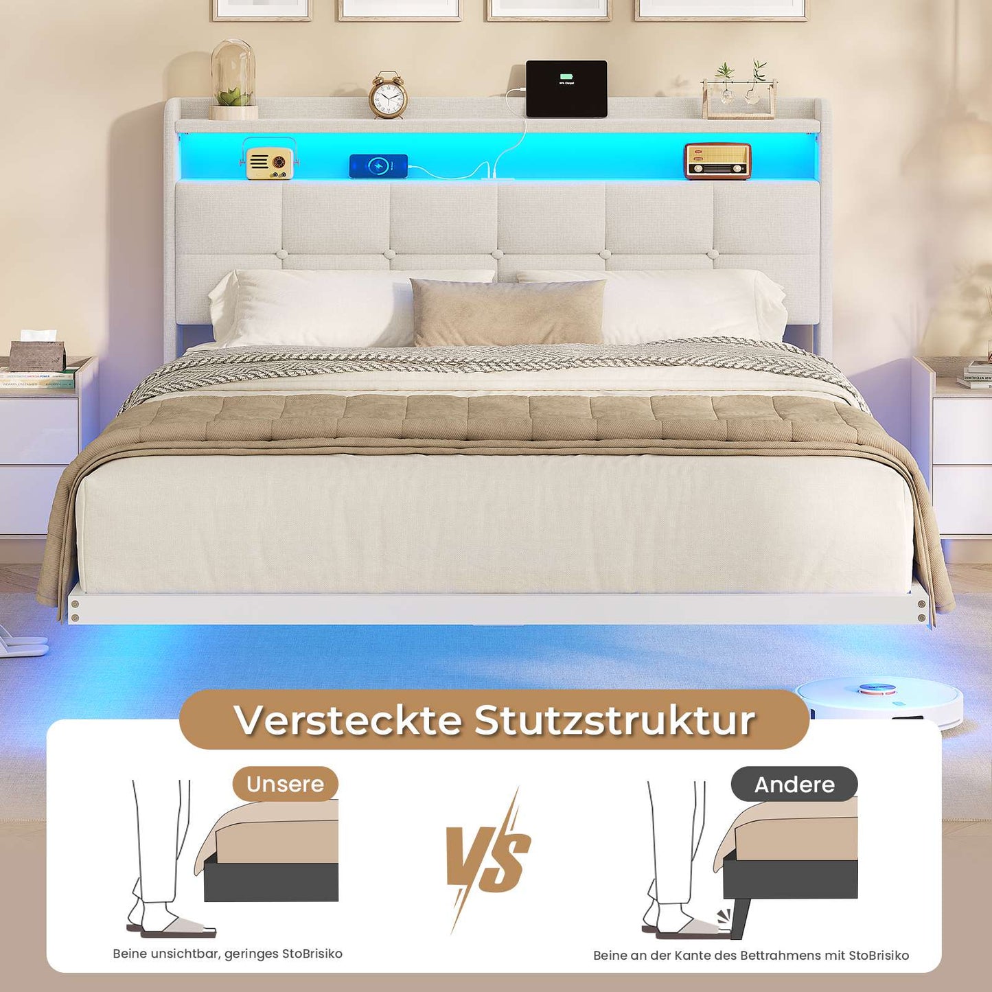 AOGLLATI Polsterbett 140x190 cm mit LED-Beleuchtung und Ladestation Bettgestell mit Kopfteil Bett Schwebebettrahmen
