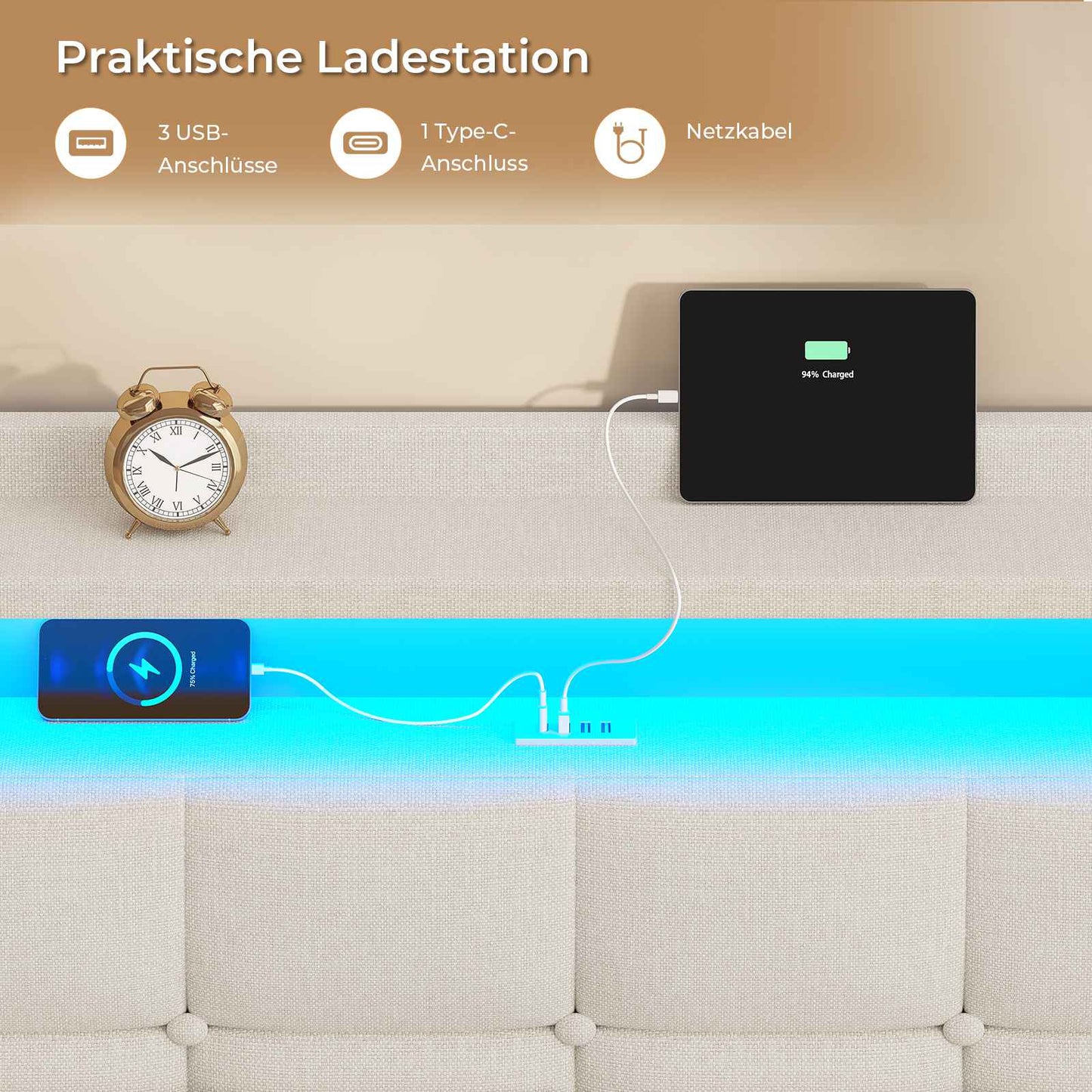 AOGLLATI Polsterbett 140x200 cm Bett mit LED-Beleuchtung und Ladestation Bettgestell mit Kopfteil Doppelbettgestell Schwebebettrahmen