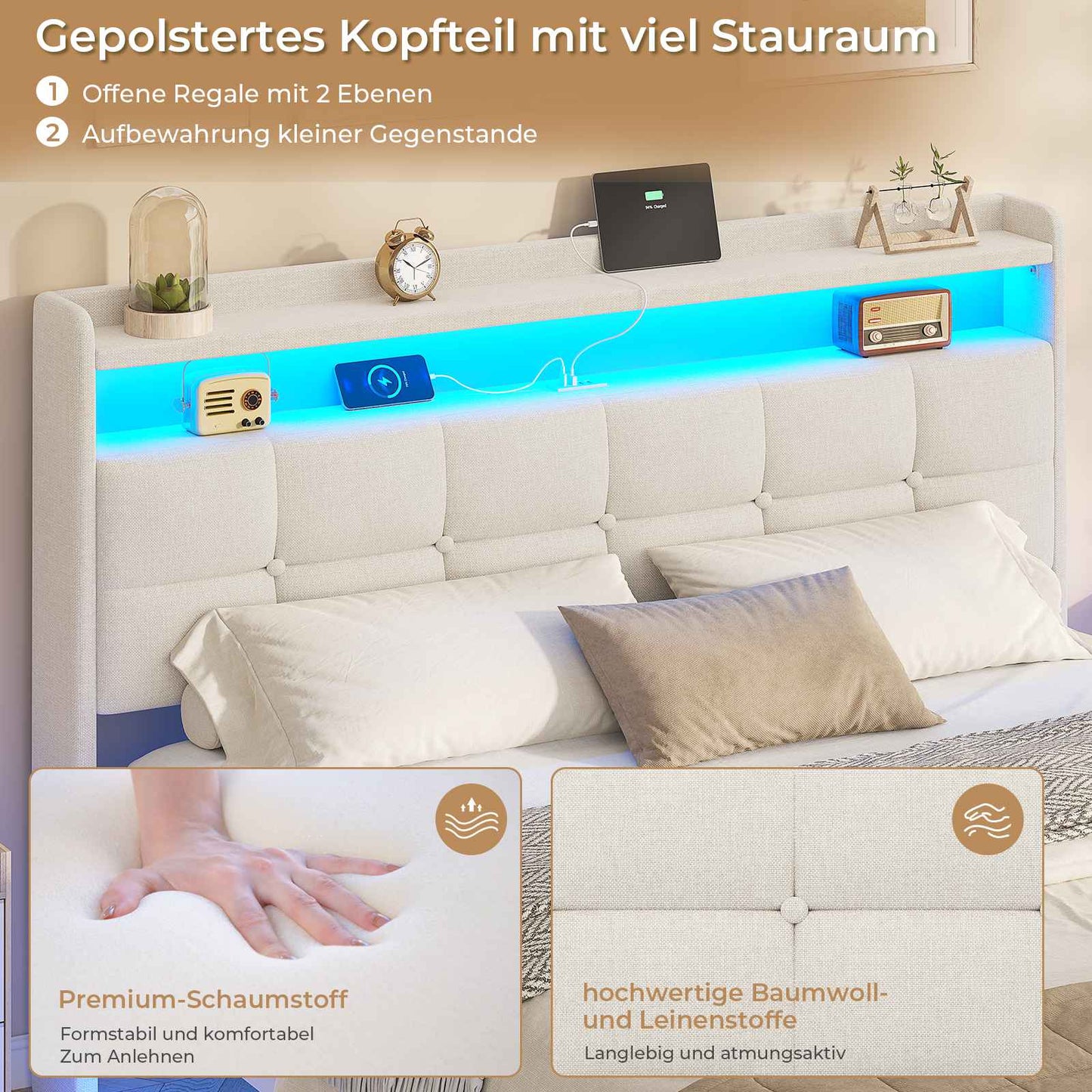 AOGLLATI Polsterbett 140x200 cm Bett mit LED-Beleuchtung und Ladestation Bettgestell mit Kopfteil Doppelbettgestell Schwebebettrahmen