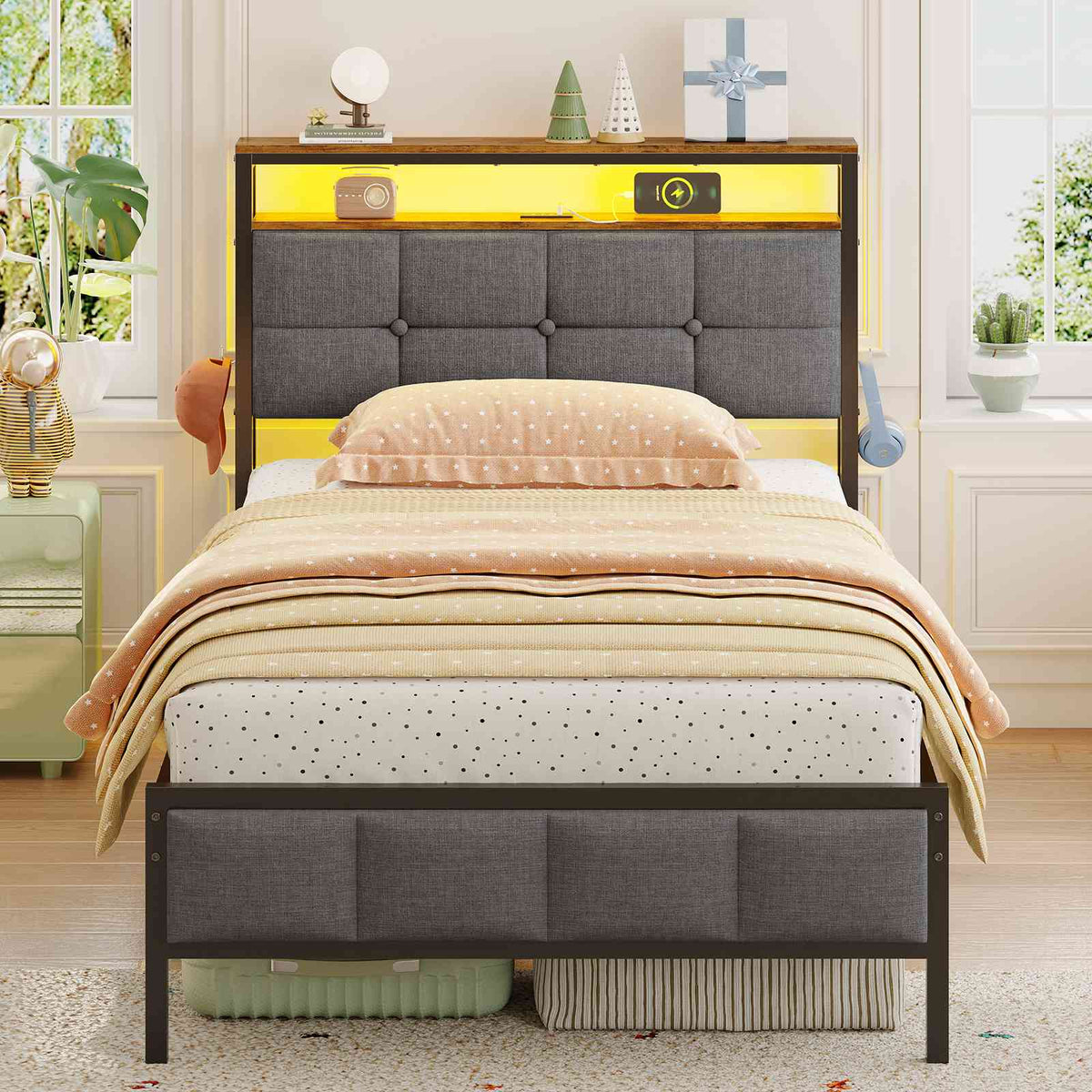 AOGLLATI Polsterbett 90×200 mit Ladestation Bett 90×200 mit LED-Beleuchtung Bettgestell mit Lattenrost