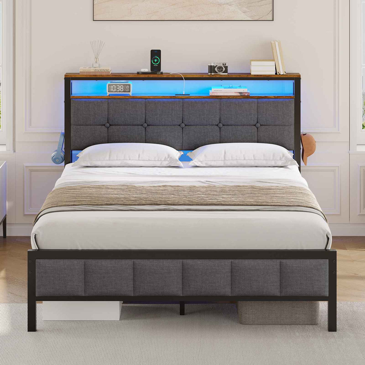 AOGLLATI Polsterbett 140x200 mit Ladestation mit LED-Beleuchtung Bettgestell mit Kopfteil aus Leinenstoff