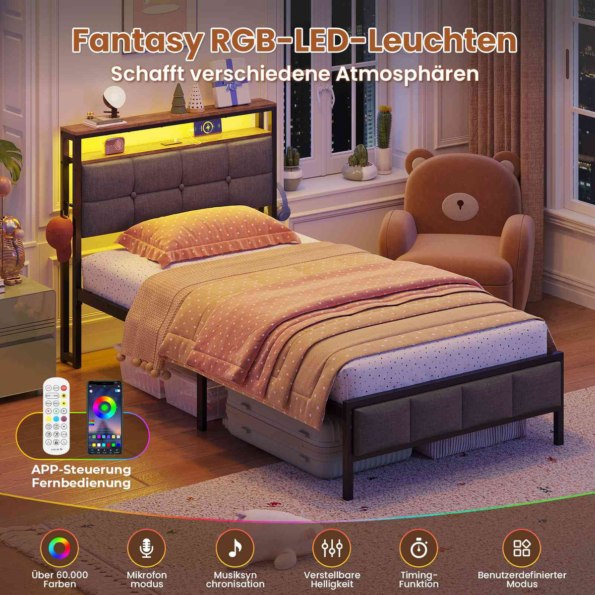 AOGLLATI Polsterbett 90×200 mit Ladestation Bett 90×200 mit LED-Beleuchtung Bettgestell mit Lattenrost