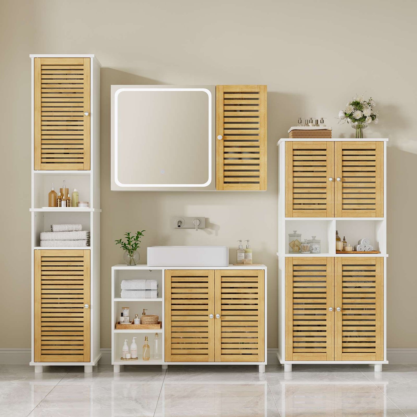 AOGLLATI Badezimmerschrank, Badschrank Hochschrank mit 4 Bambustüren & 3 offenen Fächern Verstellbare Ablagen