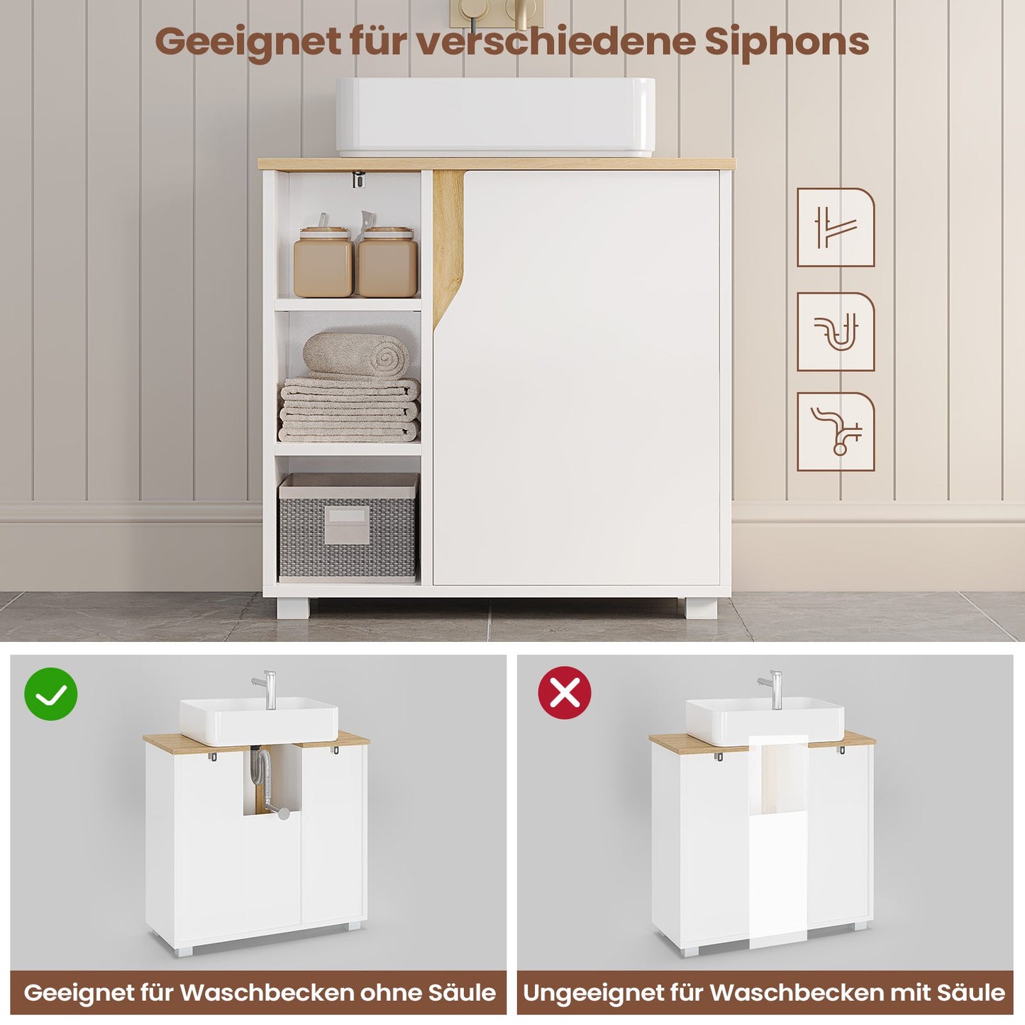 AOGLLATI Waschbeckenunterschrank Badezimmerschrank mit 3 offene Fächer & Höhenverstellbare Ablagen Badezimmer-Unterschrank mit Füßen
