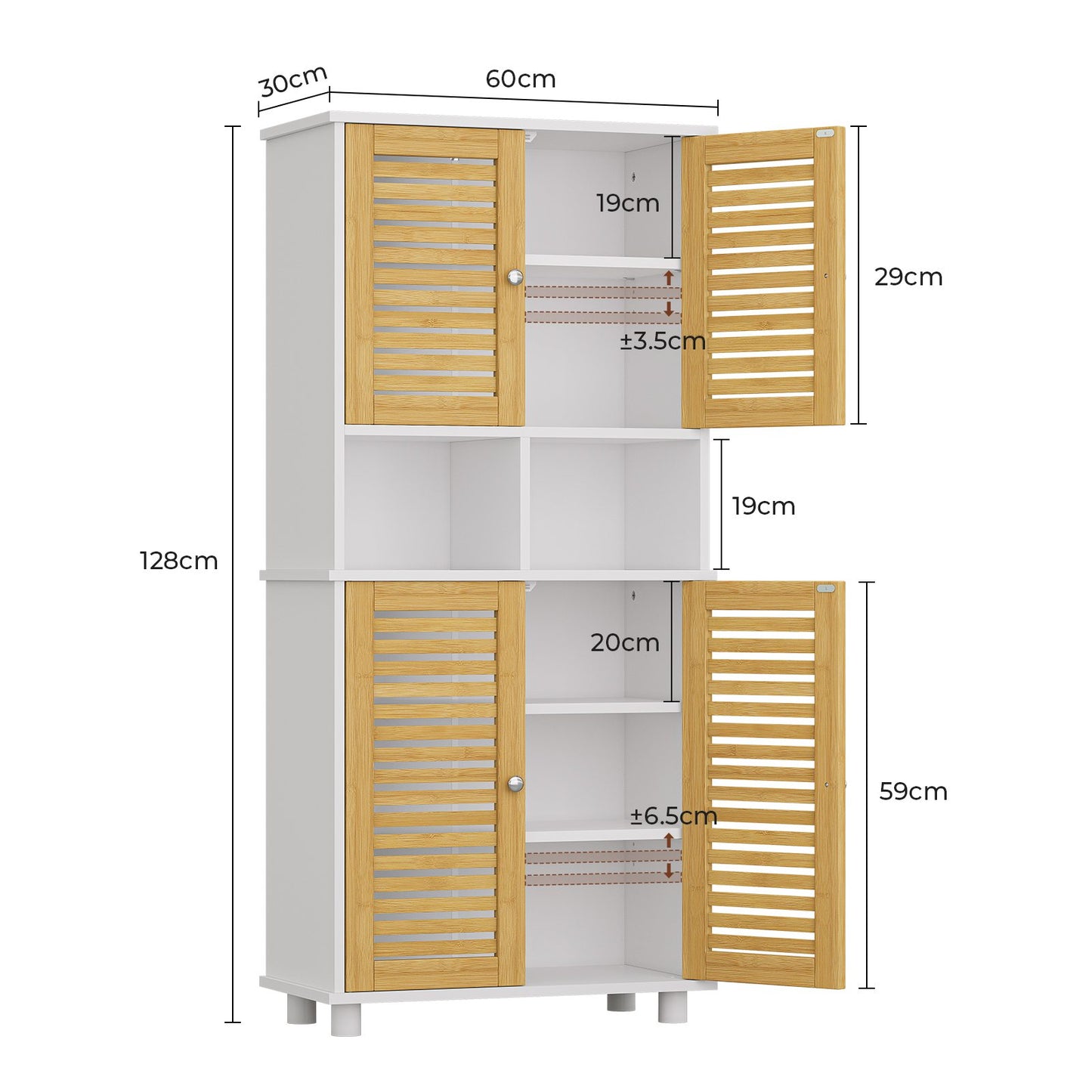 AOGLLATI Badezimmerschrank, Badschrank Hochschrank mit 4 Bambustüren & 3 offenen Fächern Verstellbare Ablagen