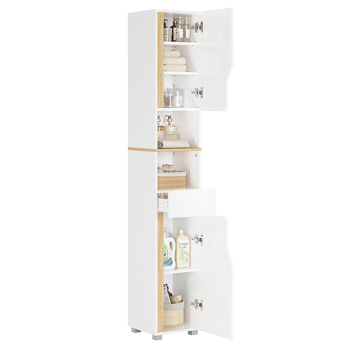 AOGLLATI Badezimmerschrank, Hochschrank Badezimmer mit Schublade verstellbare Ablagen 2 offenen Fächern platzsparender Badschrank Badmöbel
