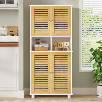 AOGLLATI Badezimmerschrank, Badschrank Hochschrank mit 4 Bambustüren & 3 offenen Fächern Verstellbare Ablagen