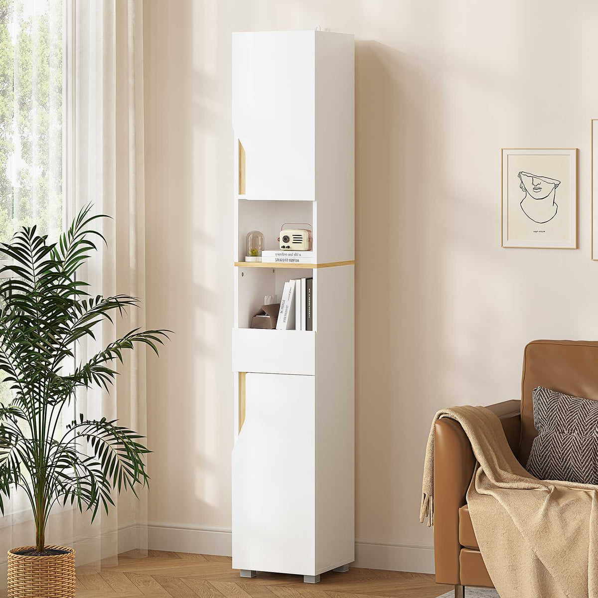 AOGLLATI Badezimmerschrank, Hochschrank Badezimmer mit Schublade verstellbare Ablagen 2 offenen Fächern platzsparender Badschrank Badmöbel