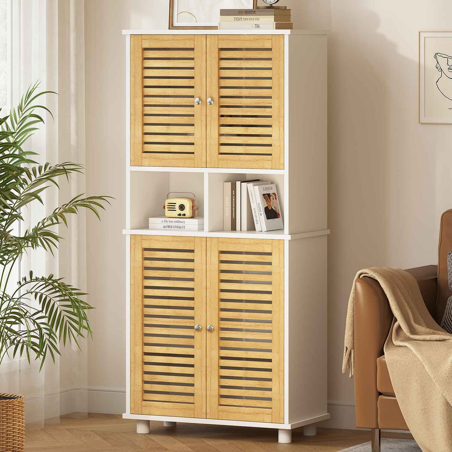 AOGLLATI Badezimmerschrank, Badschrank Hochschrank mit 4 Bambustüren & 3 offenen Fächern Verstellbare Ablagen
