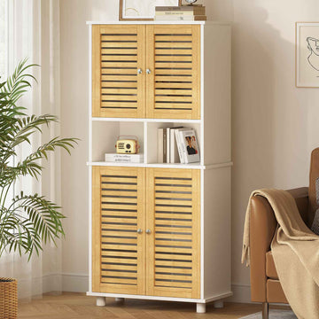 AOGLLATI Badezimmerschrank, Badschrank Hochschrank mit 4 Bambustüren & 3 offenen Fächern Verstellbare Ablagen