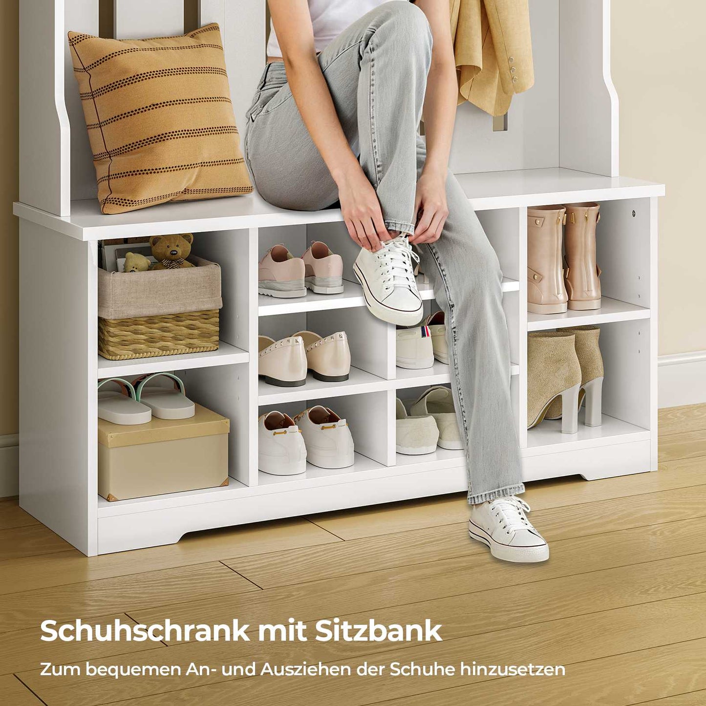 AOGLLATI Garderobenständer mit Schuhbank,Garderoben-Set mit 8 Doppelhaken & Offenem Stauraum Flurgarderobe mit Schuhschrank