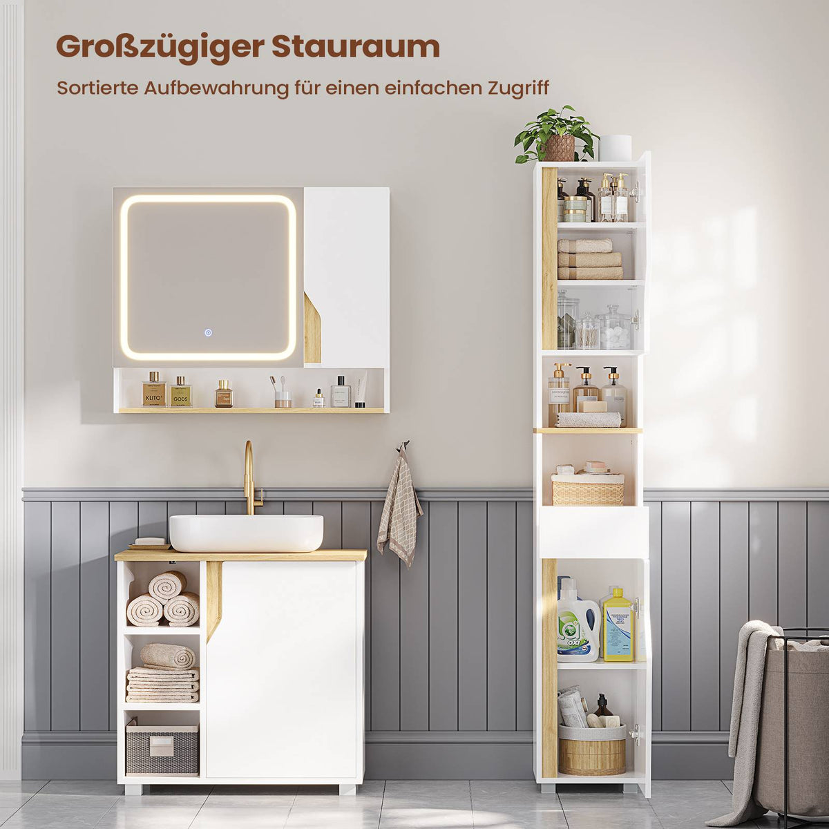 AOGLLATI Badezimmerschrank, Hochschrank Badezimmer mit Schublade verstellbare Ablagen 2 offenen Fächern platzsparender Badschrank Badmöbel