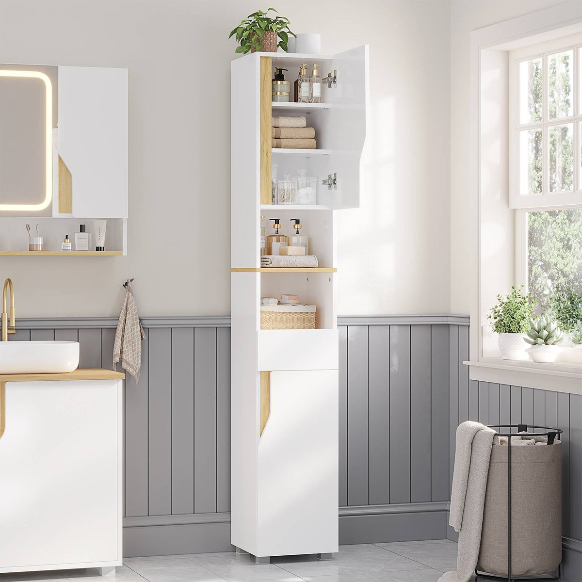 AOGLLATI Badezimmerschrank, Hochschrank Badezimmer mit Schublade verstellbare Ablagen 2 offenen Fächern platzsparender Badschrank Badmöbel