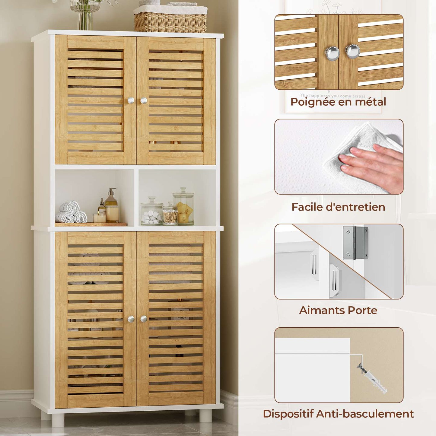 AOGLLATI Badezimmerschrank, Badschrank Hochschrank mit 4 Bambustüren & 3 offenen Fächern Verstellbare Ablagen