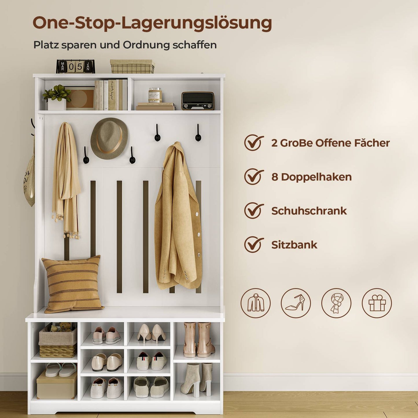 AOGLLATI Garderobenständer mit Schuhbank,Garderoben-Set mit 8 Doppelhaken & Offenem Stauraum Flurgarderobe mit Schuhschrank