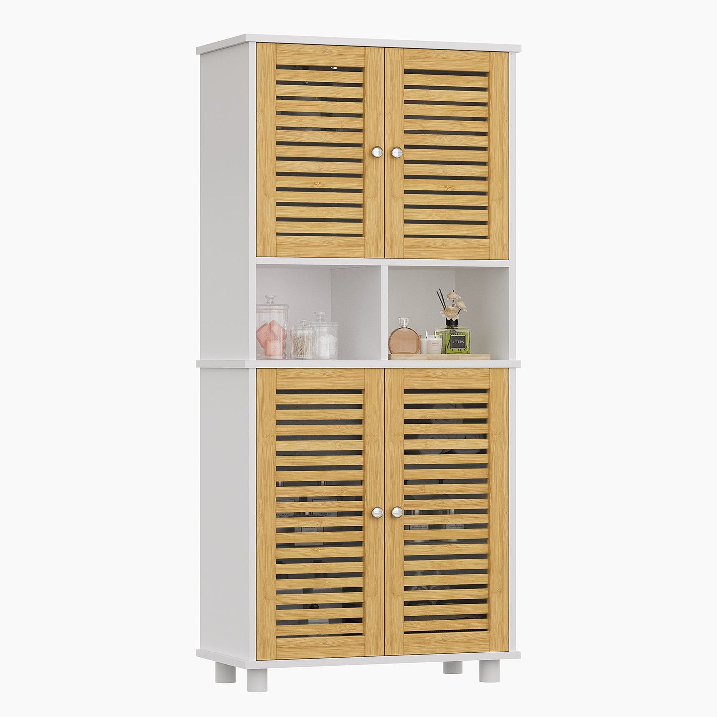 AOGLLATI Badezimmerschrank, Badschrank Hochschrank mit 4 Bambustüren & 3 offenen Fächern Verstellbare Ablagen