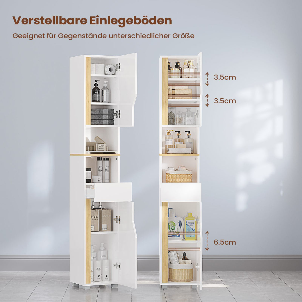 AOGLLATI Badezimmerschrank, Hochschrank Badezimmer mit Schublade verstellbare Ablagen 2 offenen Fächern platzsparender Badschrank Badmöbel