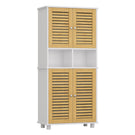 AOGLLATI Badezimmerschrank, Badschrank Hochschrank mit 4 Bambustüren & 3 offenen Fächern Verstellbare Ablagen