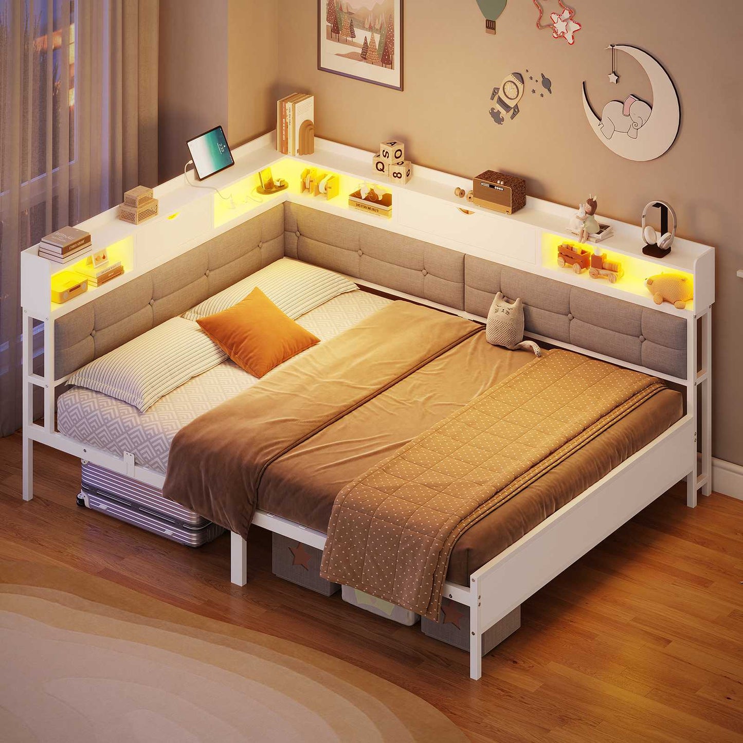 AOGLLATI Polsterbett Schlafsofa 140x200 mit 6 Staufächern mit LED-Beleuchtung Tagesbett mit Steckdosen Gästebett Bettgestell mit Lattenrost aus Metall