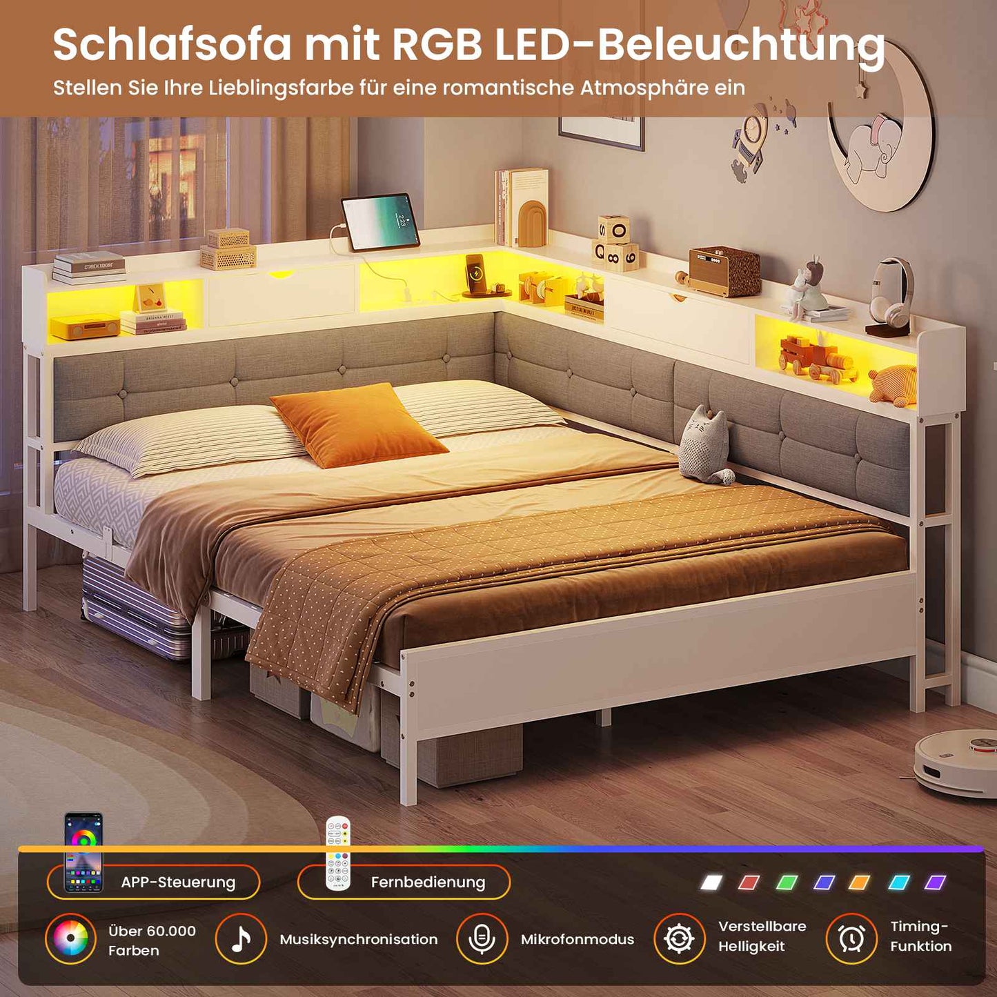AOGLLATI Polsterbett Schlafsofa 140x200 mit 6 Staufächern mit LED-Beleuchtung Tagesbett mit Steckdosen Gästebett Bettgestell mit Lattenrost aus Metall