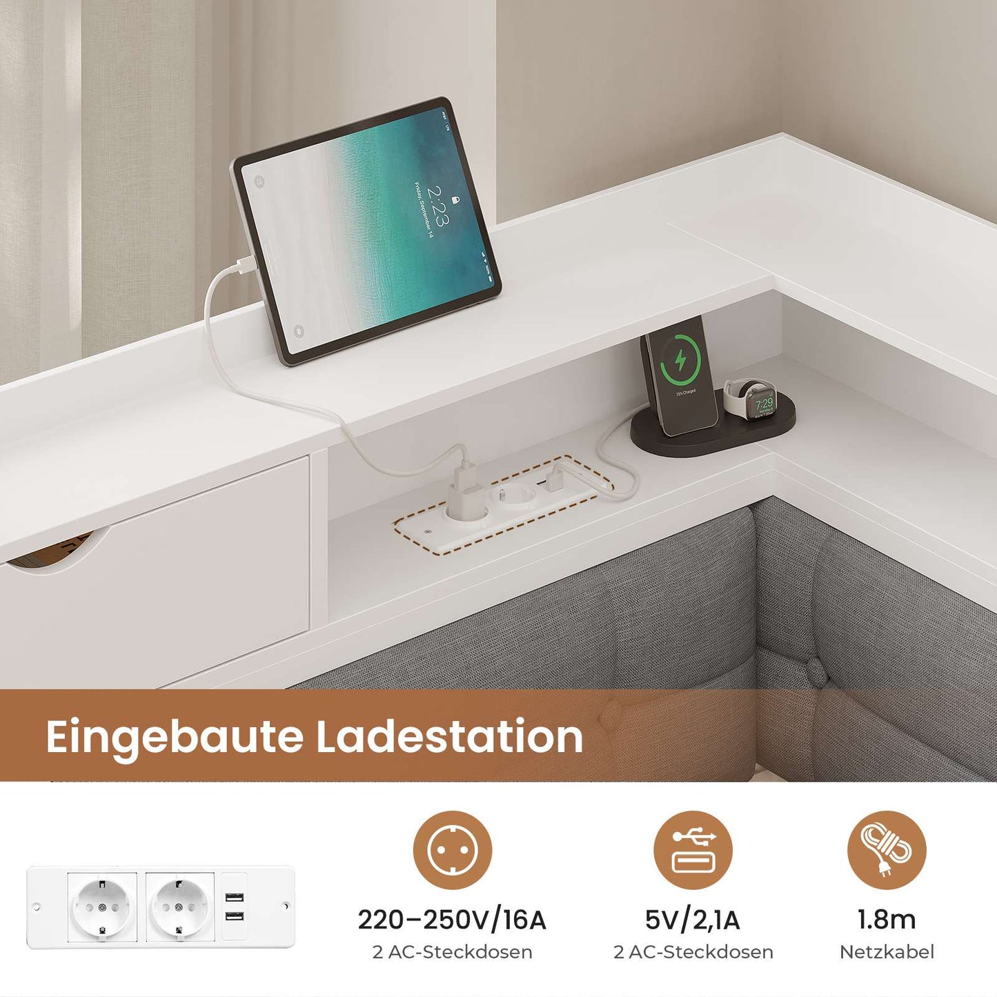AOGLLATI Polsterbett Schlafsofa 140x200 mit 6 Staufächern mit LED-Beleuchtung Tagesbett mit Steckdosen Gästebett Bettgestell mit Lattenrost aus Metall
