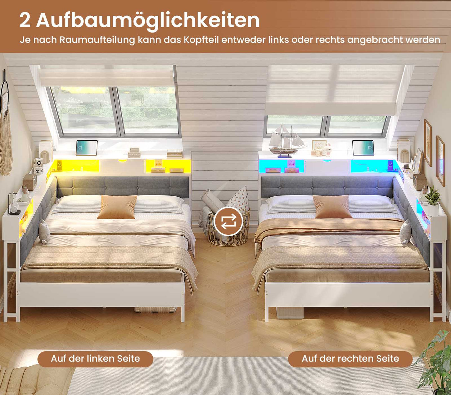 AOGLLATI Polsterbett Schlafsofa 140x200 mit 6 Staufächern mit LED-Beleuchtung Tagesbett mit Steckdosen Gästebett Bettgestell mit Lattenrost aus Metall