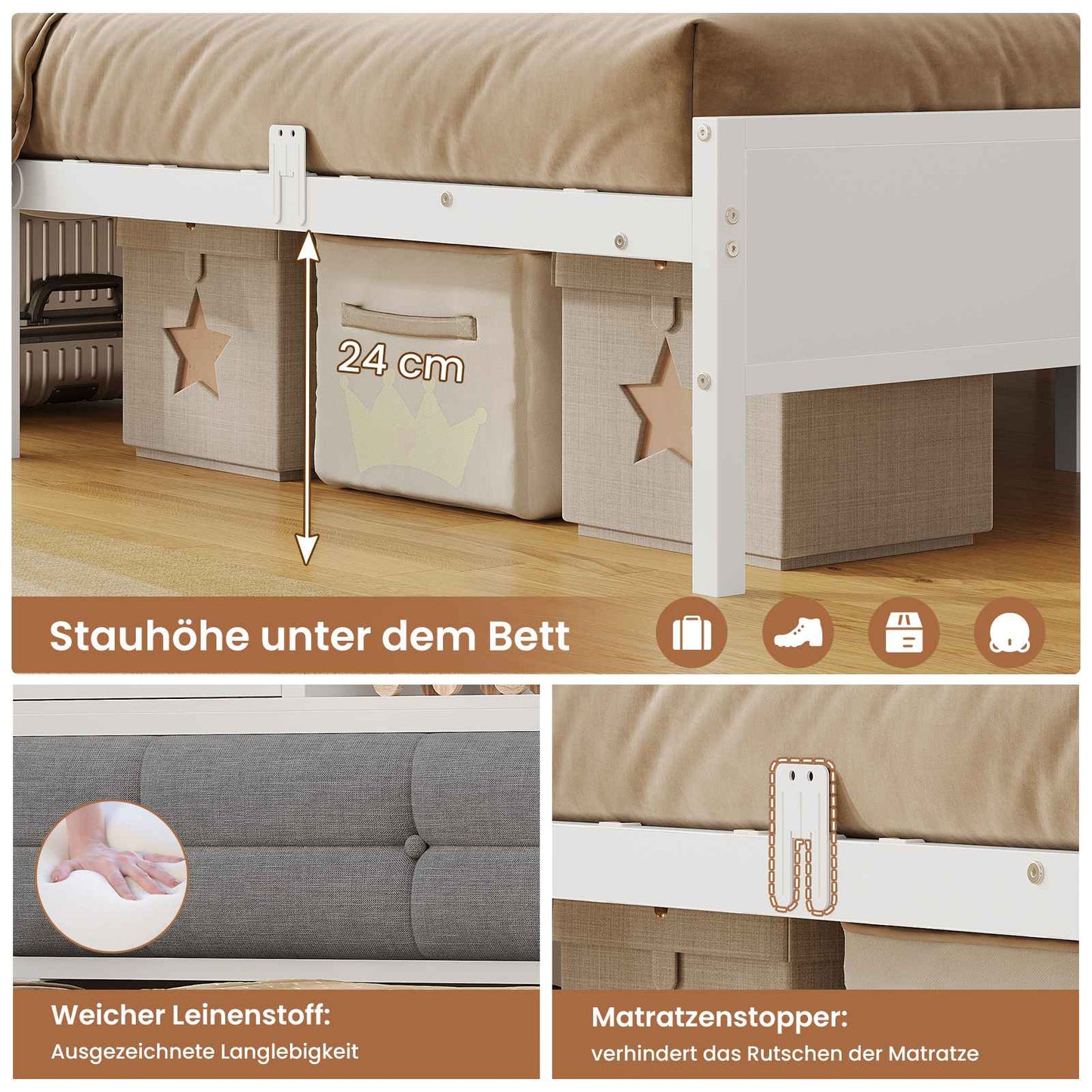 AOGLLATI Polsterbett Schlafsofa 140x200 mit 6 Staufächern mit LED-Beleuchtung Tagesbett mit Steckdosen Gästebett Bettgestell mit Lattenrost aus Metall