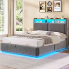 AOGLLATI Hydraulisches Stauraumbett mit LED Beleuchtung und Steckdosen mit Stauraum Kopfteil mit HolzLattenrost & USB-Ladefunktion