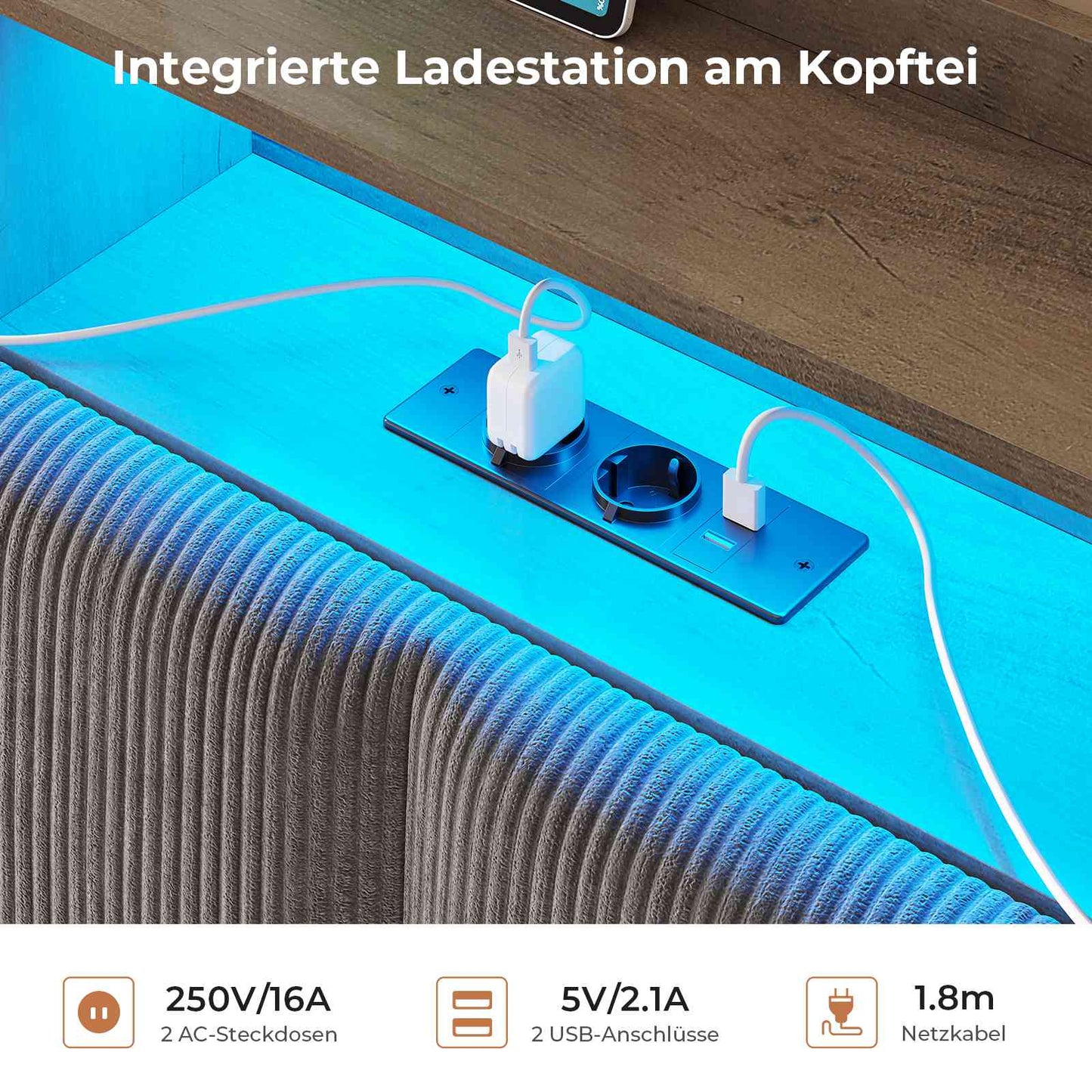 AOGLLATI Hydraulisches Stauraumbett mit LED Beleuchtung und Steckdosen mit Stauraum Kopfteil mit HolzLattenrost & USB-Ladefunktion