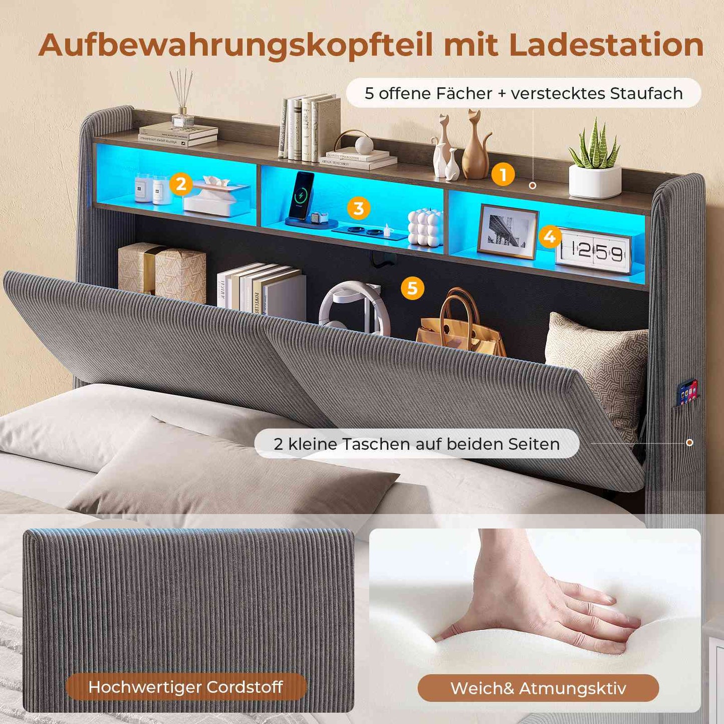 AOGLLATI Hydraulisches Stauraumbett mit LED Beleuchtung und Steckdosen mit Stauraum Kopfteil mit HolzLattenrost & USB-Ladefunktion