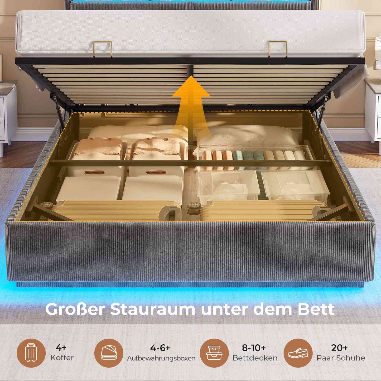 AOGLLATI Hydraulisches Stauraumbett mit LED Beleuchtung und Steckdosen mit Stauraum Kopfteil mit HolzLattenrost & USB-Ladefunktion
