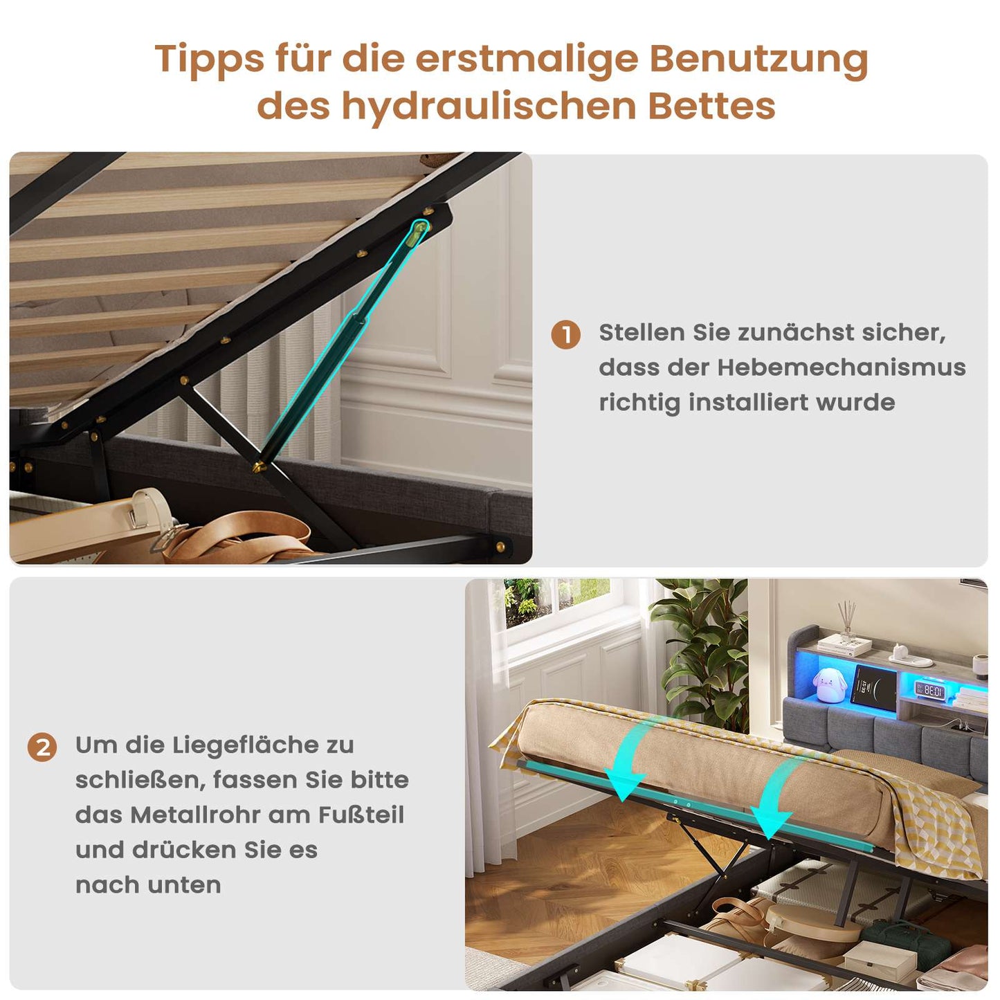 AOGLLATI Polsterbett 140×200 Hydraulisches Stauraumbett mit LED-Bleuchtung mit USB- und Type-C-Anschlüsse Doppelbett Bettgestell mit Holzlatten
