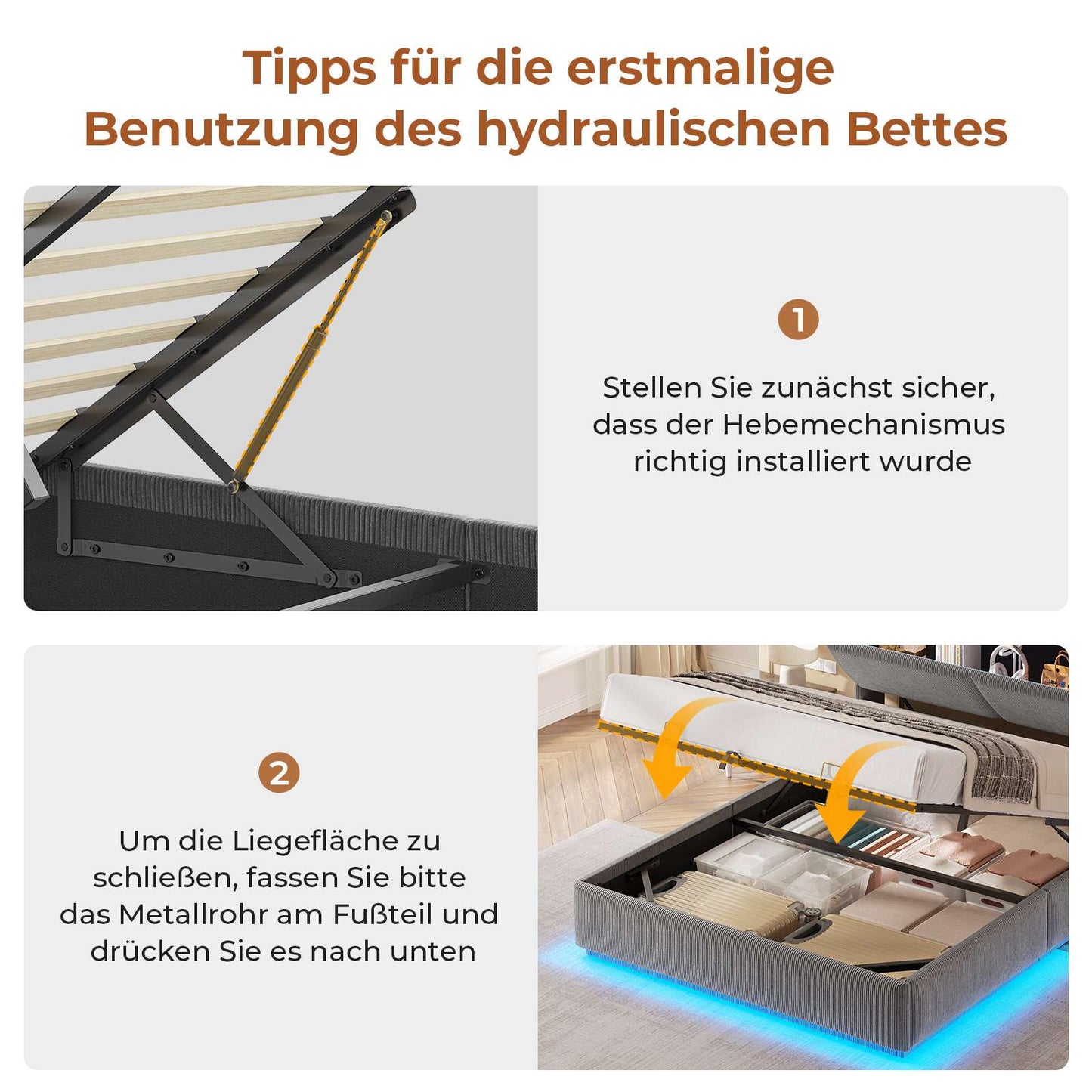 AOGLLATI Hydraulisches Stauraumbett mit LED Beleuchtung und Steckdosen mit Stauraum Kopfteil mit HolzLattenrost & USB-Ladefunktion