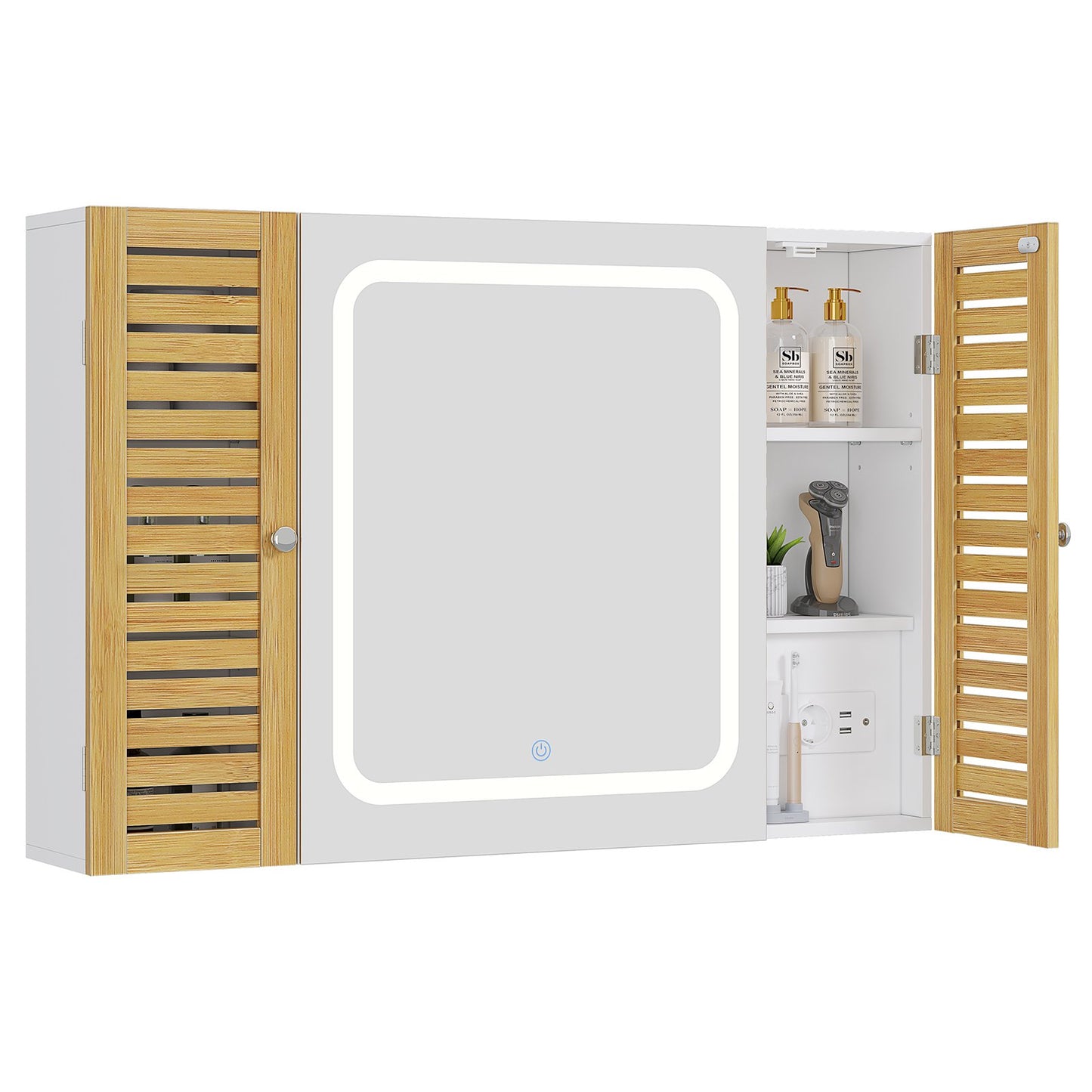 AOGLLATI Badezimmer Spiegelschrank mit LED-Beleuchtung & Steckdose Badezimmerschrank mit 2 Bambustür HD-Spiegel Verstellbarer Ablage