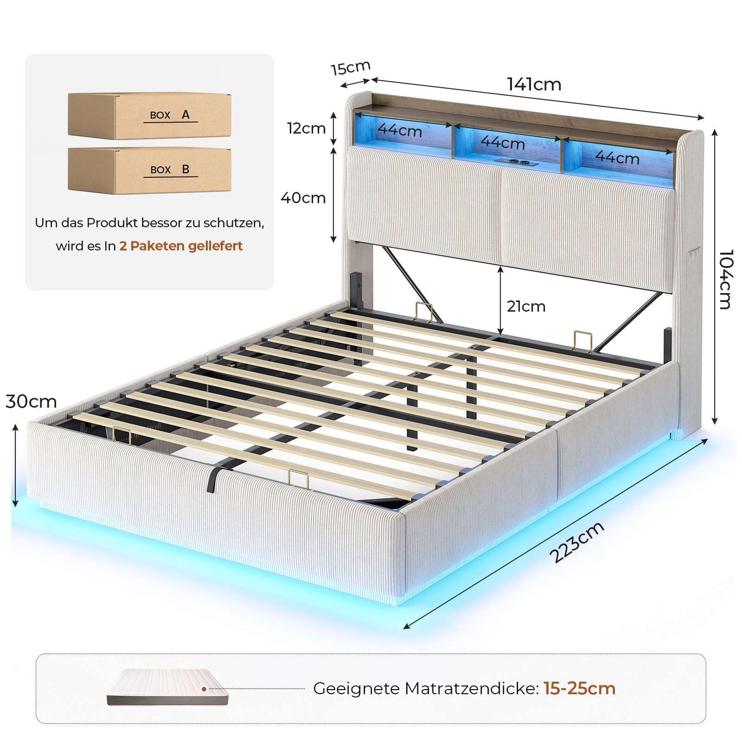 AOGLLATI Hydraulisches Stauraumbett mit LED Beleuchtung und Steckdosen mit Stauraum Kopfteil mit HolzLattenrost & USB-Ladefunktion