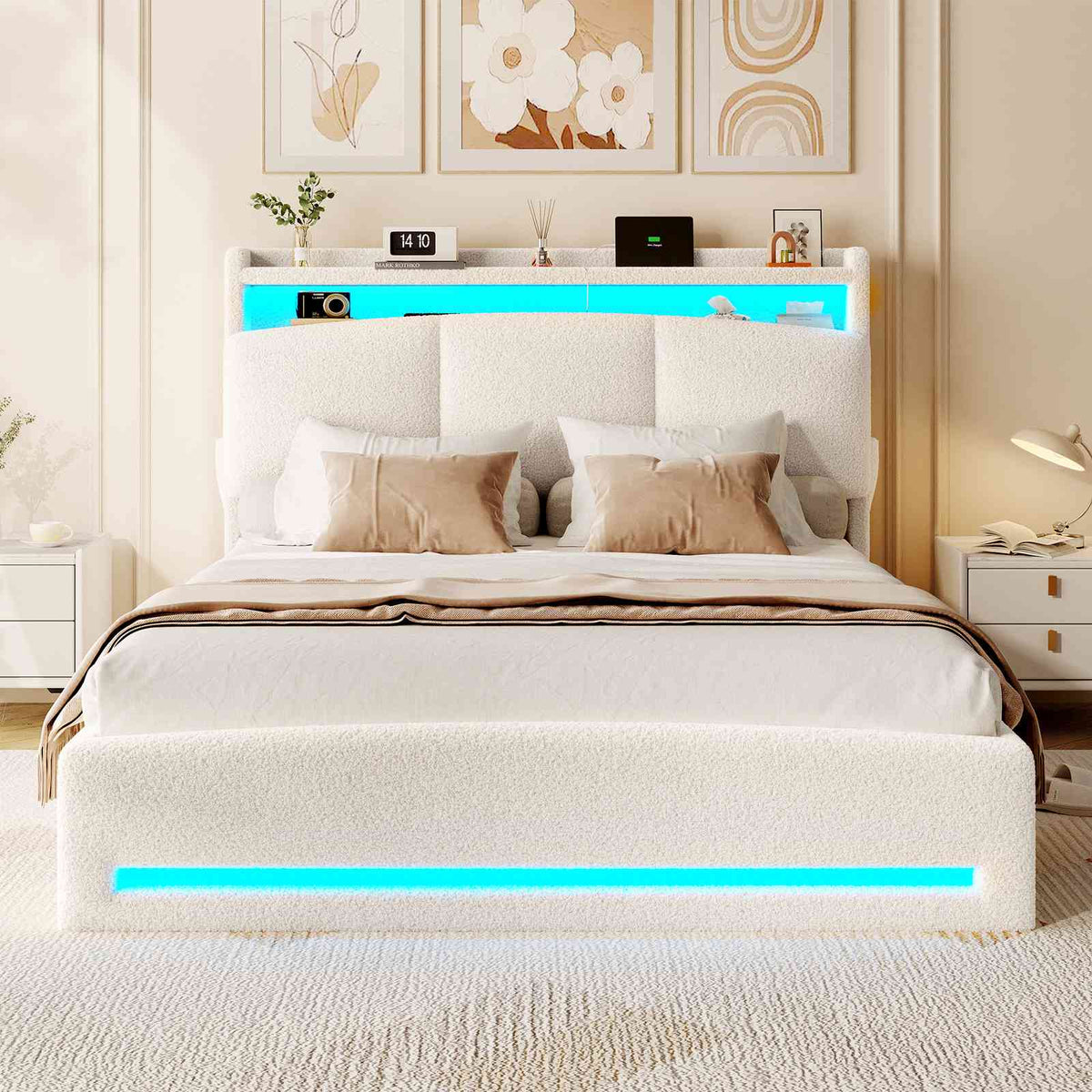AOGLLATI Polsterbett 140×200 mit Steckdosen und LED-Beleuchtung Doppelbett mit Stauraum Kopfteil und Hydraulische Metallrahmen
