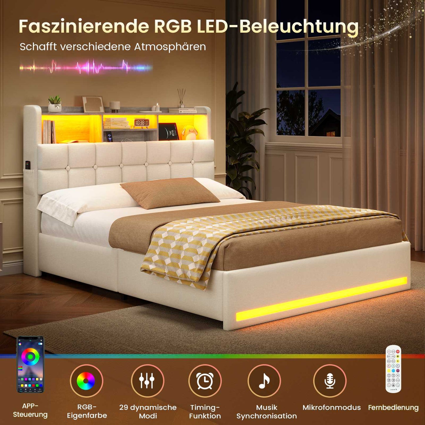 AOGLLATI Polsterbett 140×200 Hydraulisches Stauraumbett mit LED-Bleuchtung mit USB- und Type-C-Anschlüsse Doppelbett Bettgestell mit Holzlatten