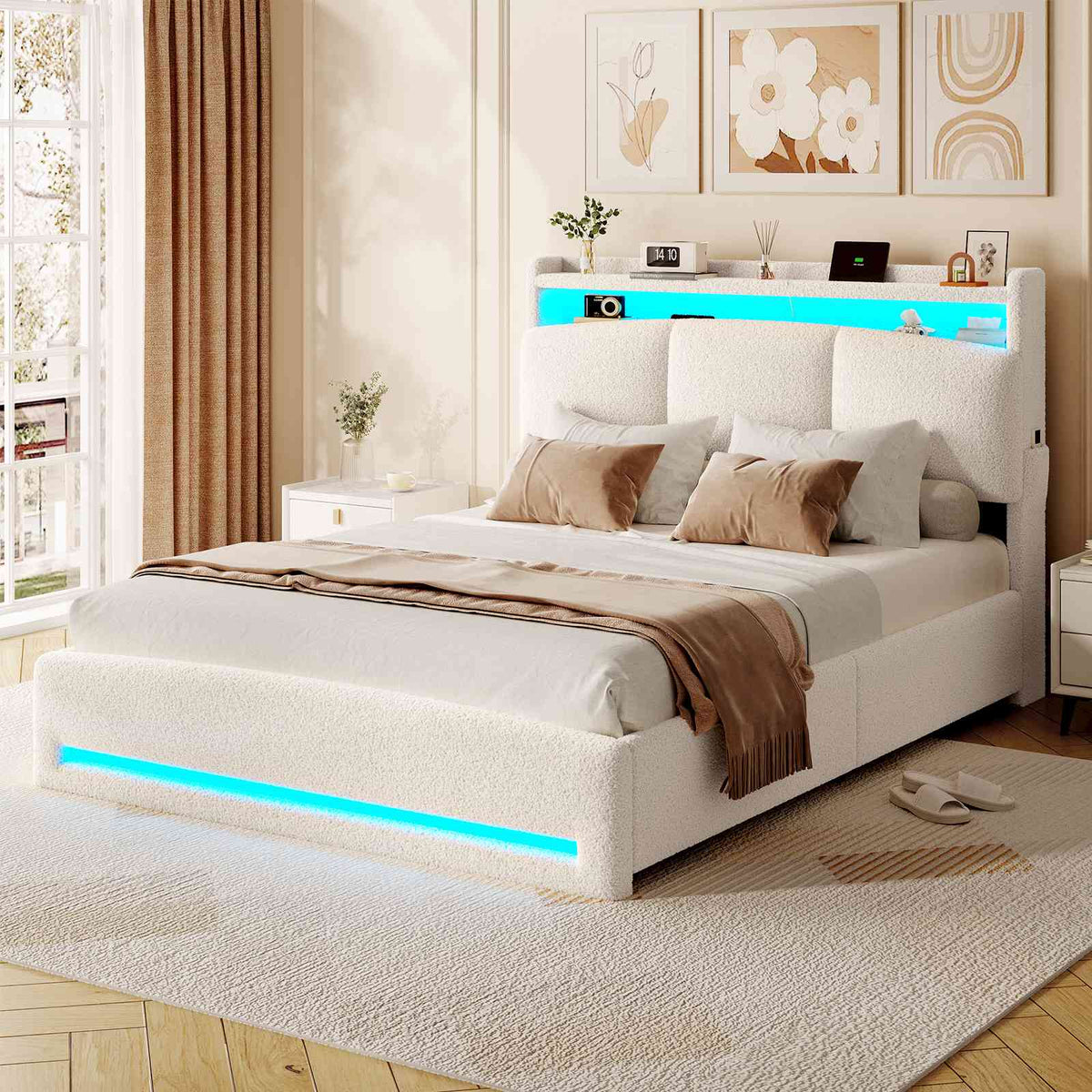 AOGLLATI Polsterbett 140×200 mit Steckdosen und LED-Beleuchtung Doppelbett mit Stauraum Kopfteil und Hydraulische Metallrahmen