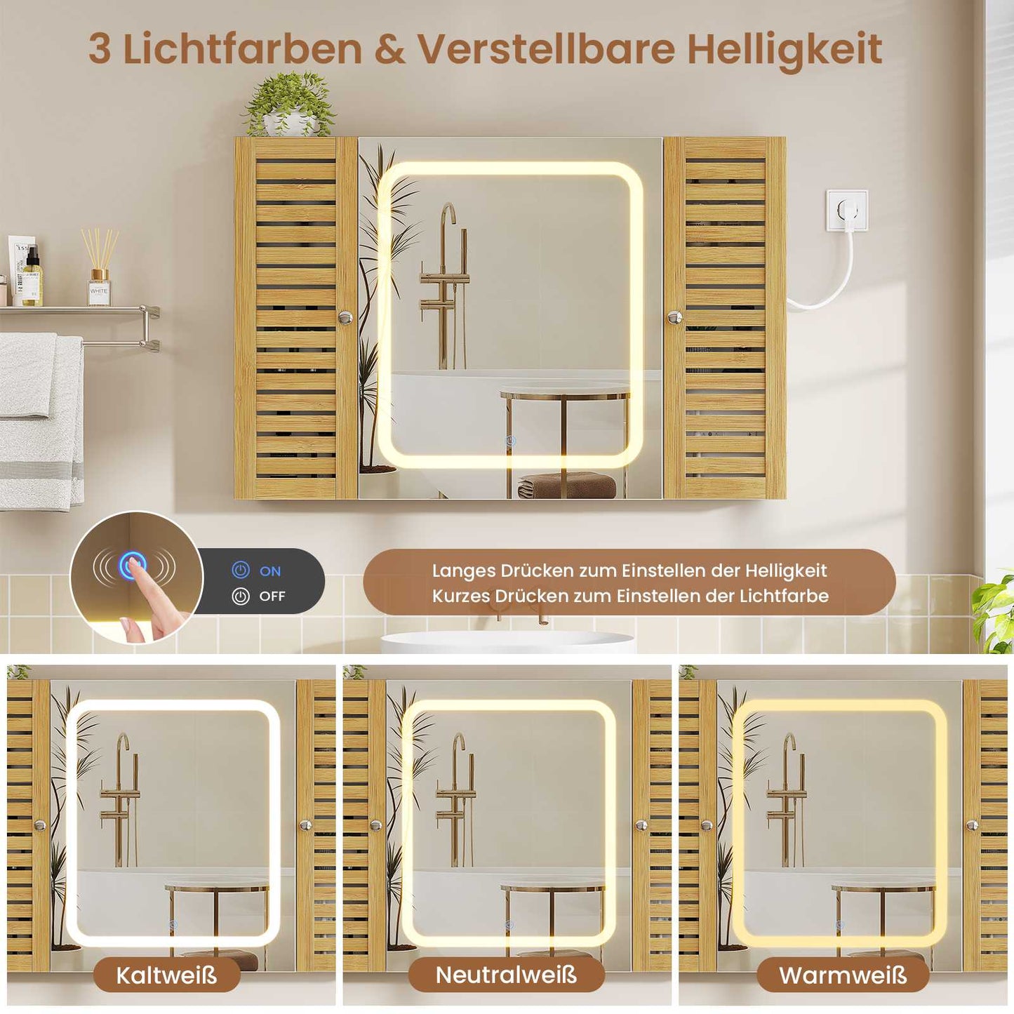 AOGLLATI Badezimmer Spiegelschrank mit LED-Beleuchtung & Steckdose Badezimmerschrank mit 2 Bambustür HD-Spiegel Verstellbarer Ablage