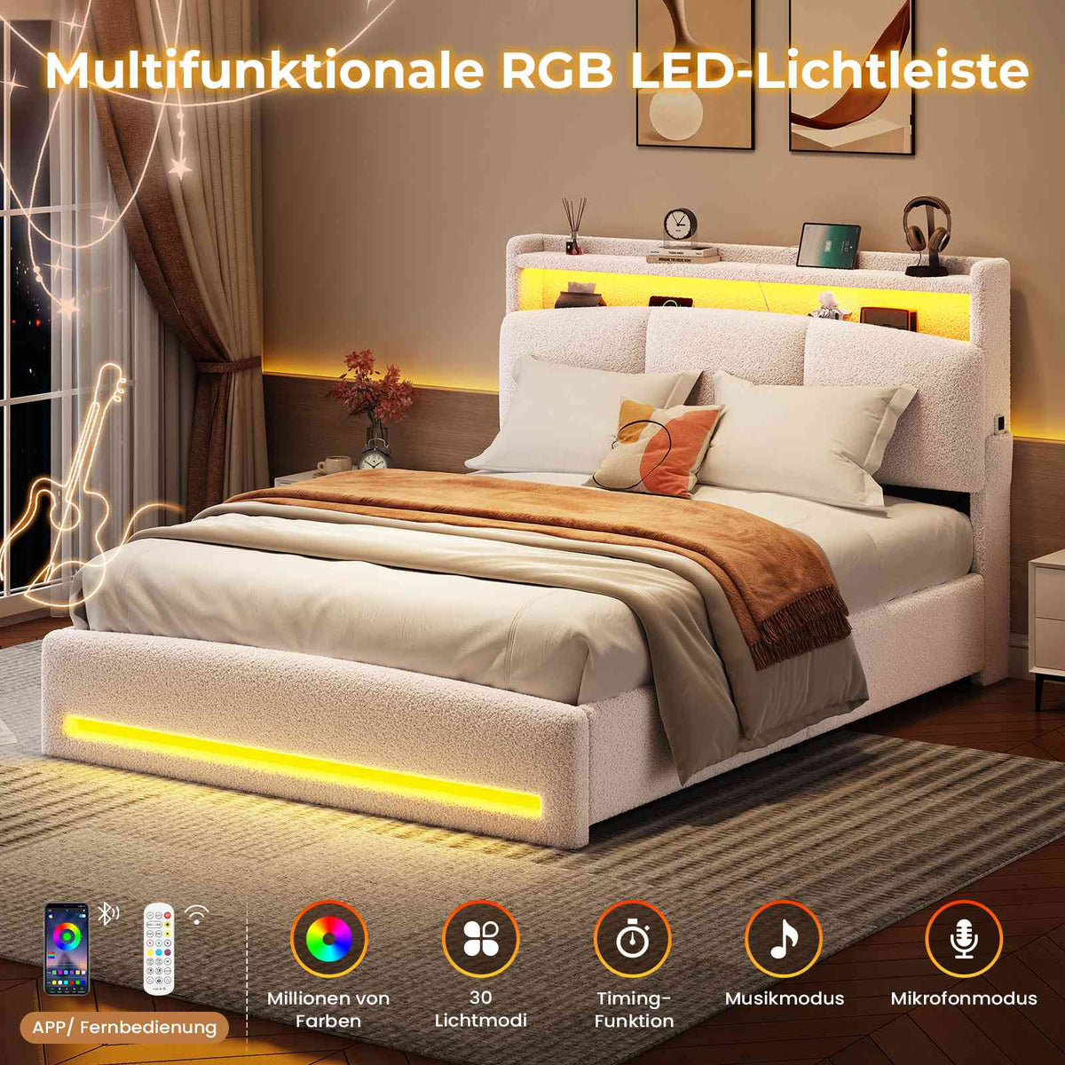 AOGLLATI Polsterbett 140×200 mit Steckdosen und LED-Beleuchtung Doppelbett mit Stauraum Kopfteil und Hydraulische Metallrahmen