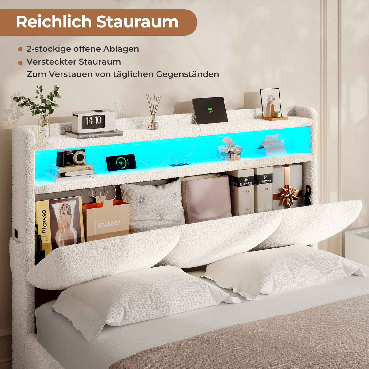 AOGLLATI Polsterbett 140×200 mit Steckdosen und LED-Beleuchtung Doppelbett mit Stauraum Kopfteil und Hydraulische Metallrahmen