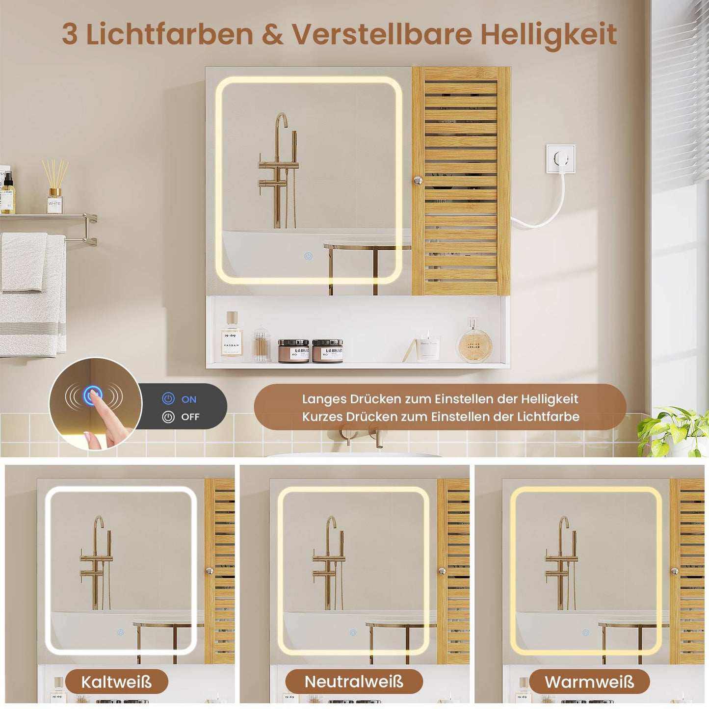 AOGLLATI Spiegelschrank Bad mit LED-Beleuchtung und Steckdose 80 cm Breit Badezimmerschrank mit HD-Spiegel Verstellbarer Ablage