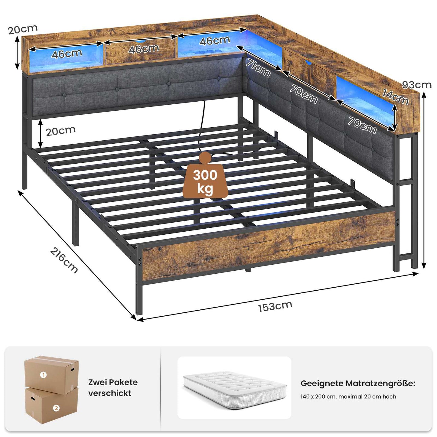 AOGLLATI Polsterbett Schlafsofa 140x200 mit 6 Staufächern mit LED-Beleuchtung Tagesbett mit Steckdosen Gästebett Bettgestell mit Lattenrost aus Metall