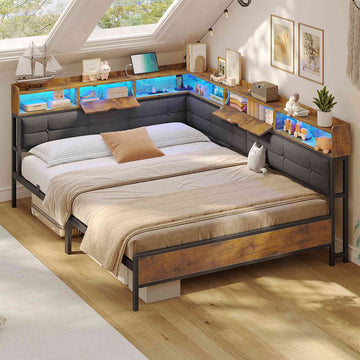 AOGLLATI Polsterbett Schlafsofa 140x200 mit 6 Staufächern mit LED-Beleuchtung Tagesbett mit Steckdosen Gästebett Bettgestell mit Lattenrost aus Metall